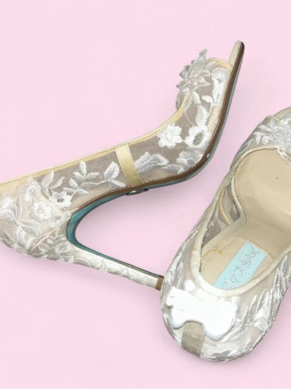 Betsey Johnson Ivory Lace Pointed-Toe Stiletto Heels with Teal Sole